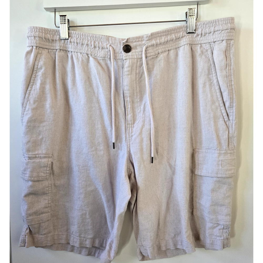 Cubavera Shorts Mens Large Beige Linen Elastic Waist Drawstring Casual Cargo‎